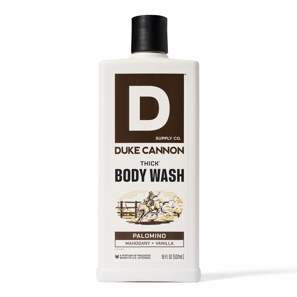 Duke Cannon Palomino: bote de ducha con fragancia masculina suave y limpieza duradera.