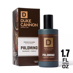 Duke Cannon Palomino Proper Cologne on a rustic shelf evokes timeless masculine confidence.