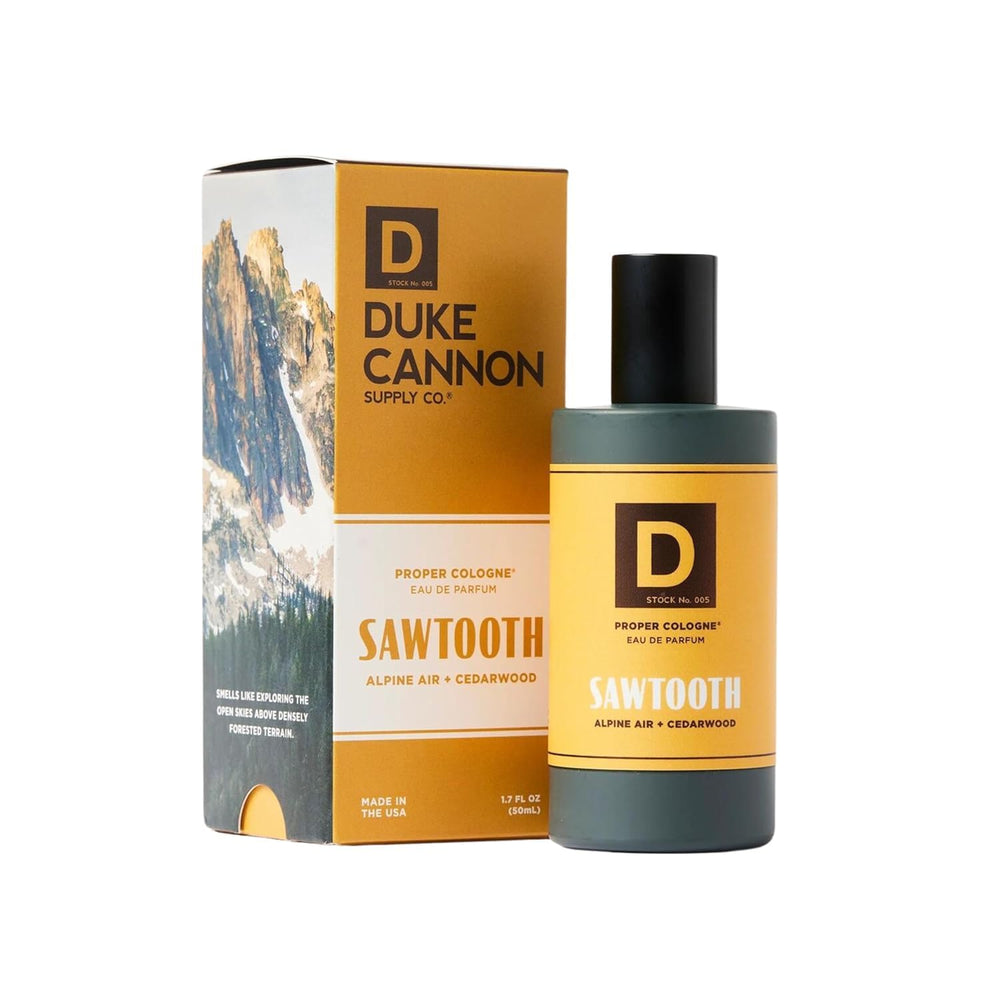 Duke Cannon Proper Cologne Sawtooth bottle showcases a clean apothecary design for daily freshness.