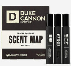 Duke Cannon Sawtooth bottle front showcasing premium apothecary design and woodsy scent.
