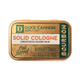Duke Cannon Solid Cologne Bourbon tin, compact carry-on fragrance for daily use.