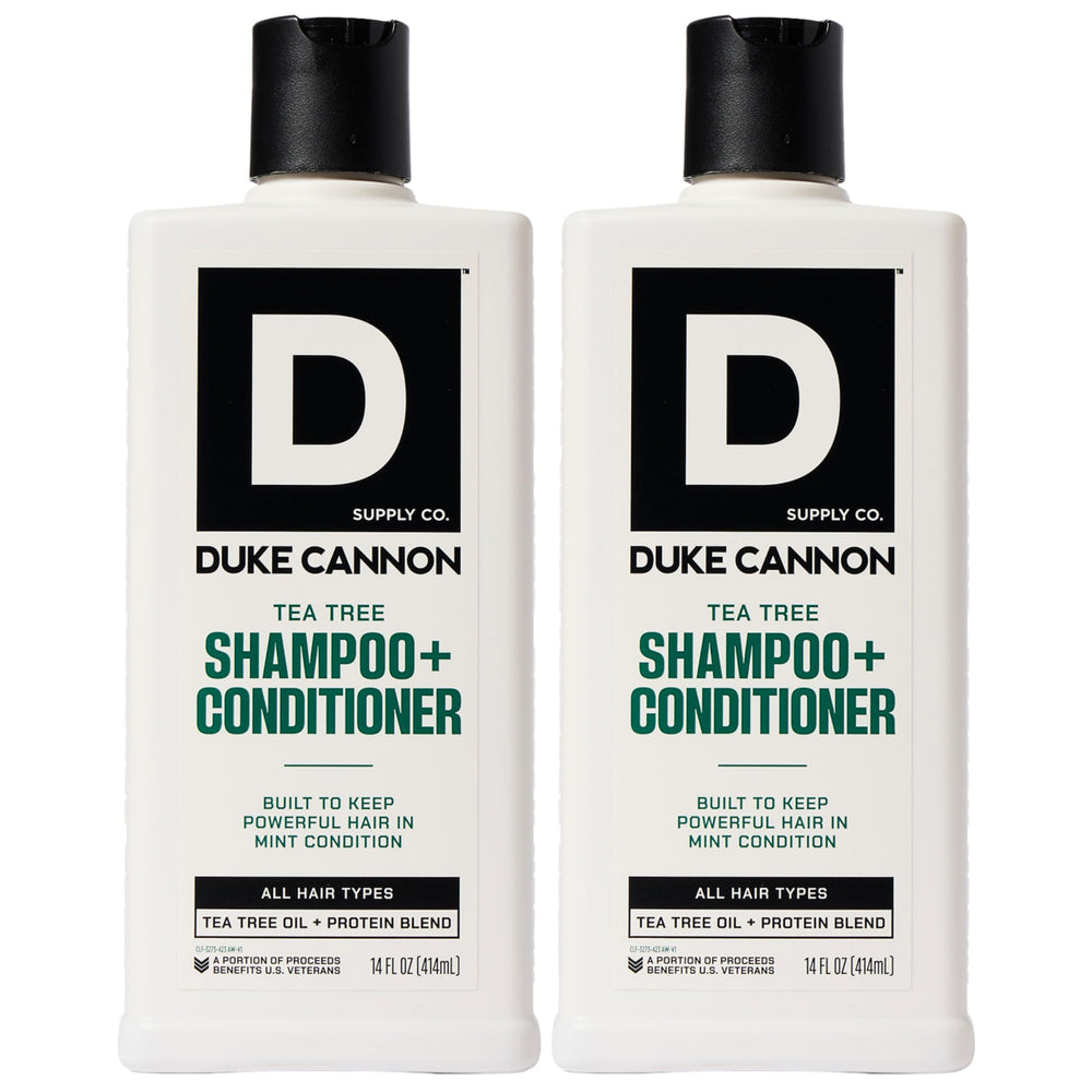 Duke Cannon Tea Tree 2-in-1 bottle delivers refreshing cleansing for daily grooming.