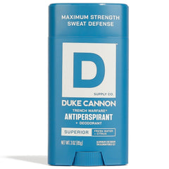 Duke Cannon Trench Warfare bottle front showing Fresh Water and Citrus scent for all-day confidence.