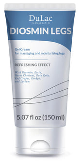 Dulac Diosmin Legs Gel Cream bottle applying cooling formula for instant refreshment.
