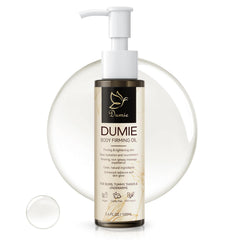 Dumie Body Firming Oil bottle closeup highlighting premium packaging and hydration