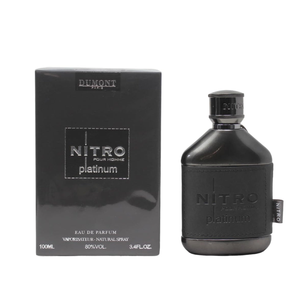 Dumont Nitro Platinum bottle front view highlighting premium metallic design.