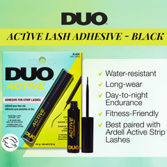 DUO Active Black adhesive on lash band for day-to-night wear.