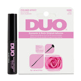 DUO Eyelash Glue bottle shows soothing rosewater and biotin for lash health.