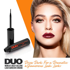 DUO dark tone lash glue provides waterproof hold for resilient wear.