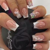 DZPGUONIZ short square press-on nails with French tip, white flower and star glitter.