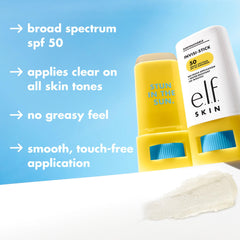 e.l.f. SKIN Suntouchable Invisi-Stick SPF50, aplicación suave con acabado claro.