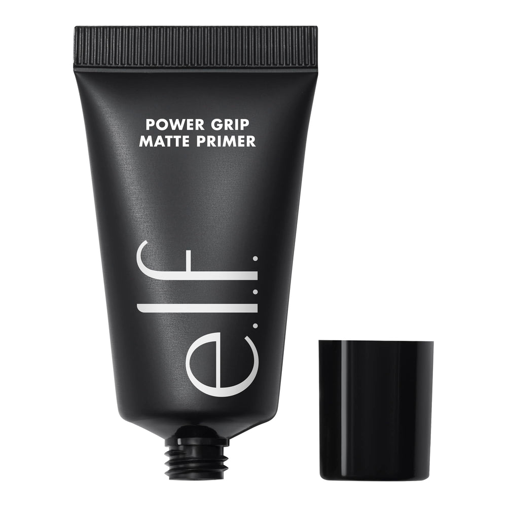 e.l.f. Power Grip Matte Primer bottle close-up showing clear gel and matte finish for lasting wear