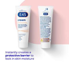 Close-up of E45 Cream texture showing non-greasy absorption.