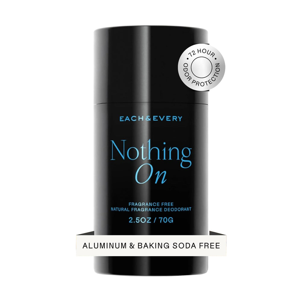Each & Every aluminum-free deodorant bottle closeup showing smooth glide for sensitive skin.