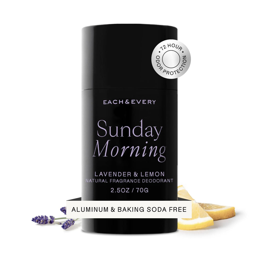 Each & Every desodorante sin aluminio en botella con lavanda y limón para frescura duradera.