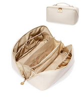Eachy travel makeup bag with large capacity showing full-size bottles organized.