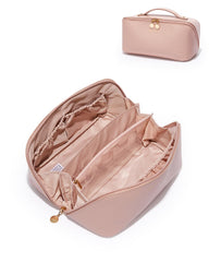 EACHY Travel Makeup Bag with open-flat design showing full visibility of contents.