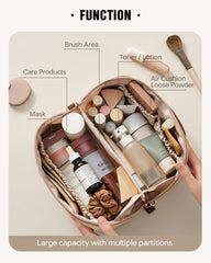 Eachy makeup bag with transparent brush pocket for quick access and tidy storage.