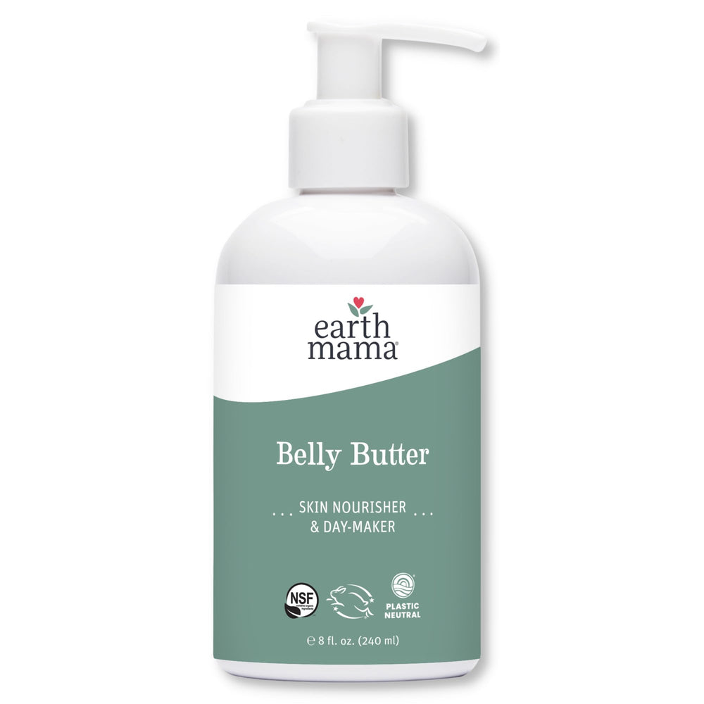 Earth Mama Belly Butter envase con tapa, hidratación segura para embarazo.