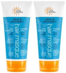 Earth Science Olive Avocado Masque two-pack jar close-up showing rich conditioning.