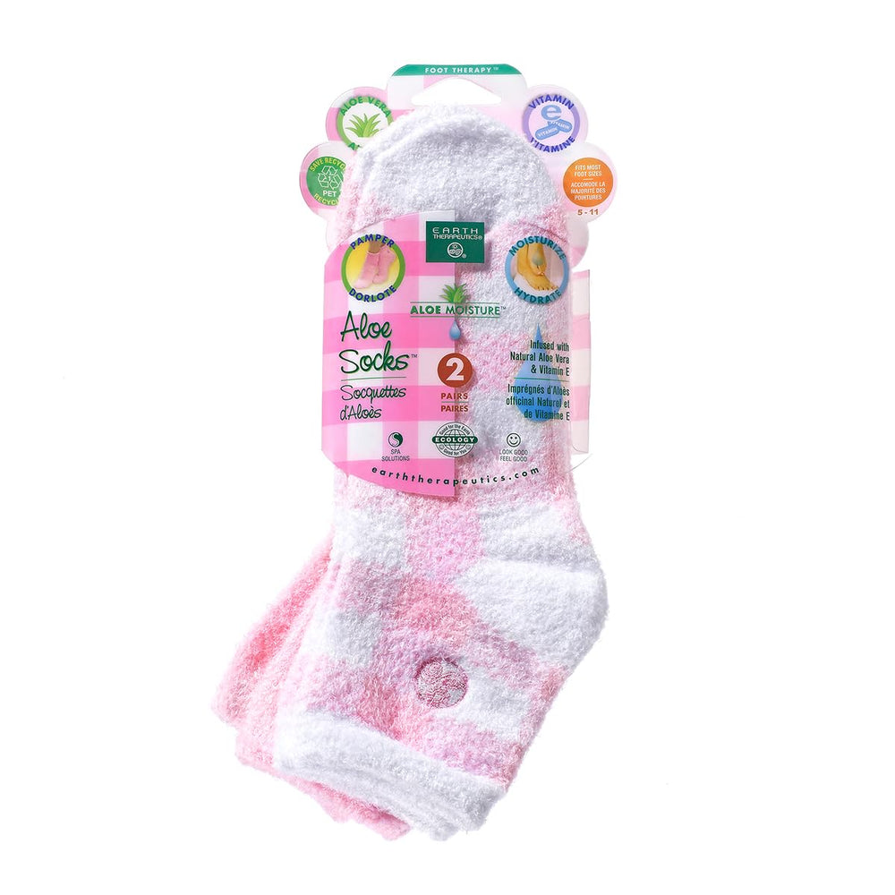 Earth Therapeutics Calcetines con Aloe, rosa a cuadros, para pies suaves y confort nocturno