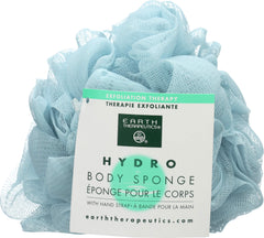 Earth Therapeutics Hydro Body Sponge strap detail highlighting ergonomic grip in blue.