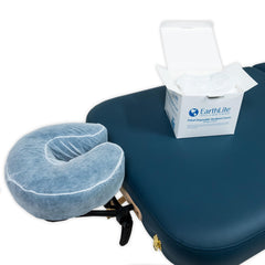 EarthLite hypoallergenic disposable face rest cover keeps upholstery clean between clients.