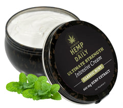 Earthly Body Premium Hemp Extract Daily Ultimate Cream menthol argan jojoba swirl highlights botanicals.