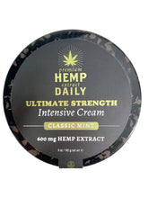 Earthly Body Premium Hemp Extract Daily Ultimate Cream menthol bottle shows cooling hydration.
