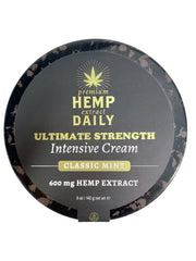 Earthly Body Premium Hemp Extract Daily Ultimate Cream menthol bottle shows cooling hydration.