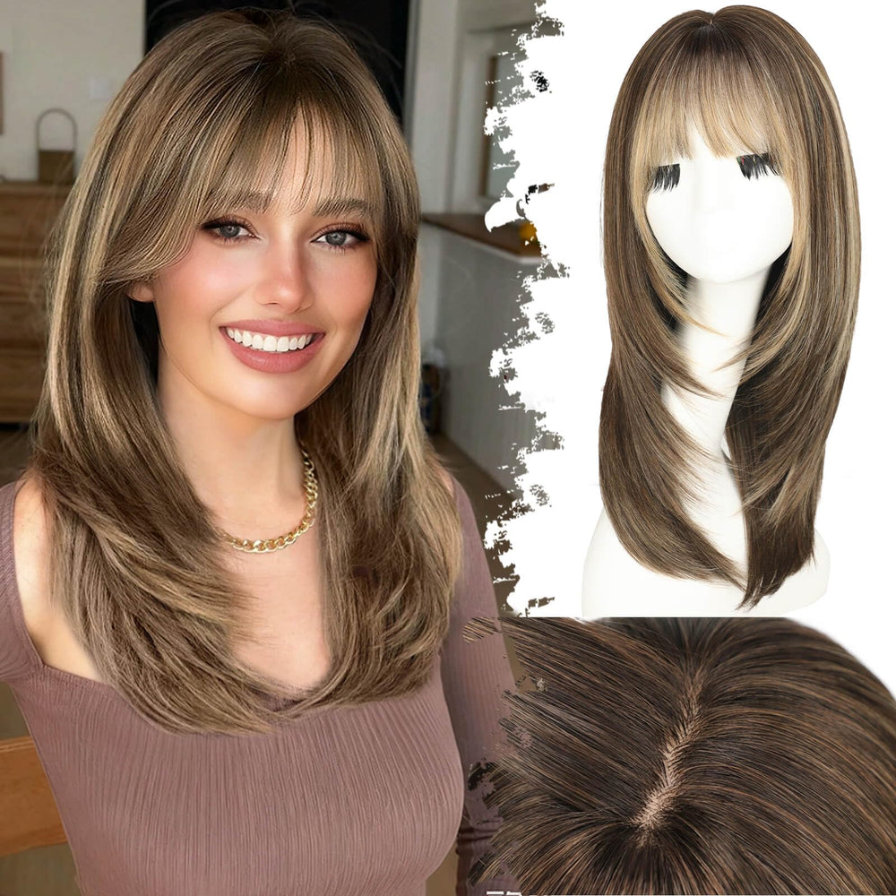 Eawwii wig with bangs front view with brown blonde highlights for everyday wear.