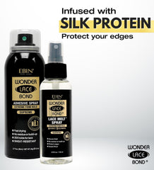 EBIN NEW YORK Lace Melt Spray bottle close-up showing silk protein and vitamin E benefits