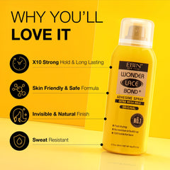 EBIN NEW YORK Wonder Lace Bond spray dispensing action demonstrates quick-dry performance.