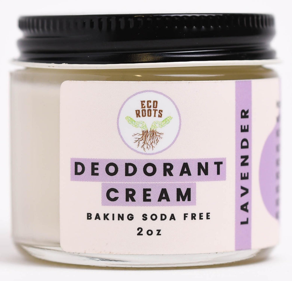 Desodorante natural ECO ROOTS en envase con lavanda, aroma calmante para todo el día