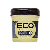 Eco Style Black Castor and Flaxseed Oil Styling Gel bottle pour highlights shine and hold.