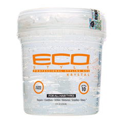 Eco Style Krystal Styling Gel bottle showing strong, weightless hold and shine.