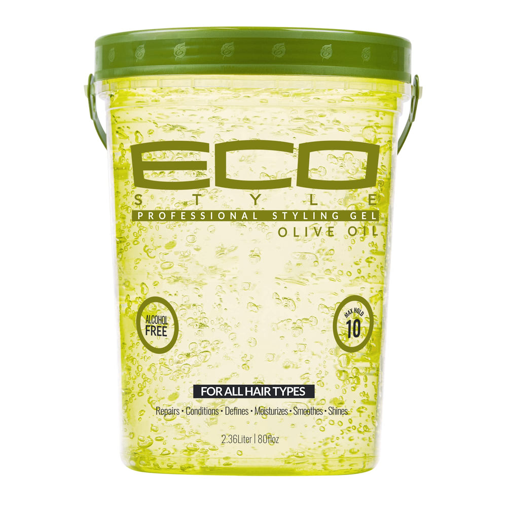 Eco Style Olive Oil Styling Gel bottle front shows moisture-rich shine for all hair types.