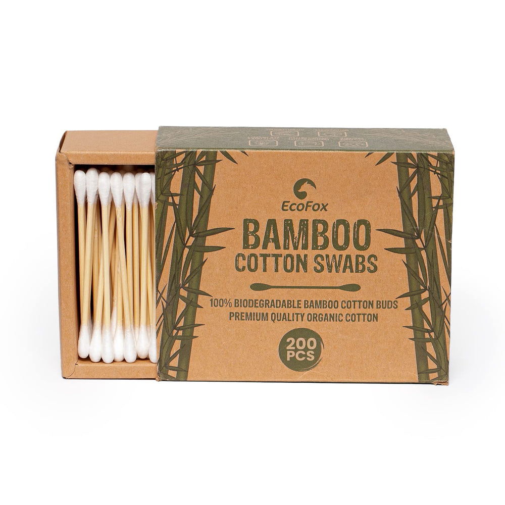EcoFox Bamboo Cotton Swabs pack front with eco-friendly branding and clean design