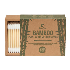 EcoFox precision-tip bamboo swabs in packaging for easy travel and storage