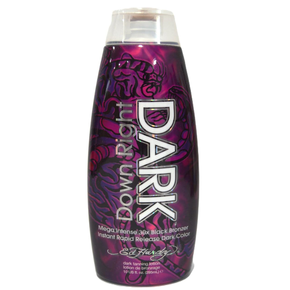 Ed Hardy Down Right Dark en botella, bronceado rápido para sesiones exprés.
