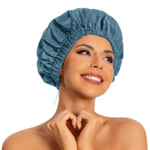 Edoneery haze blue shower cap back view with a large snug fit for long hair.