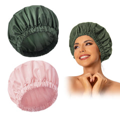 Edoneery shower cap for women, front view in pink and green, stylish and protective