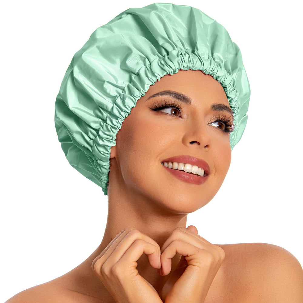 Edoneery reusable shower cap front view for long hair, large size, secure fit