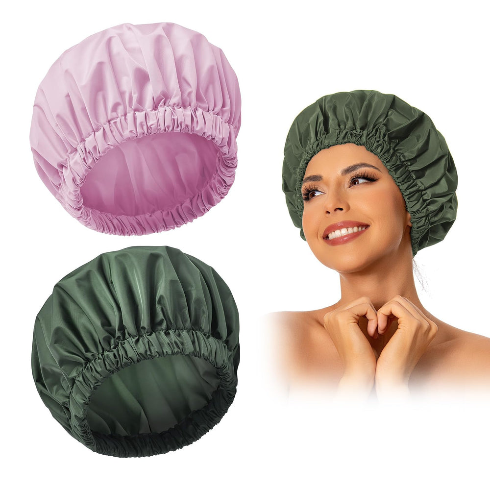 Edoneery reusable shower cap for women, front view, keeps long hair dry