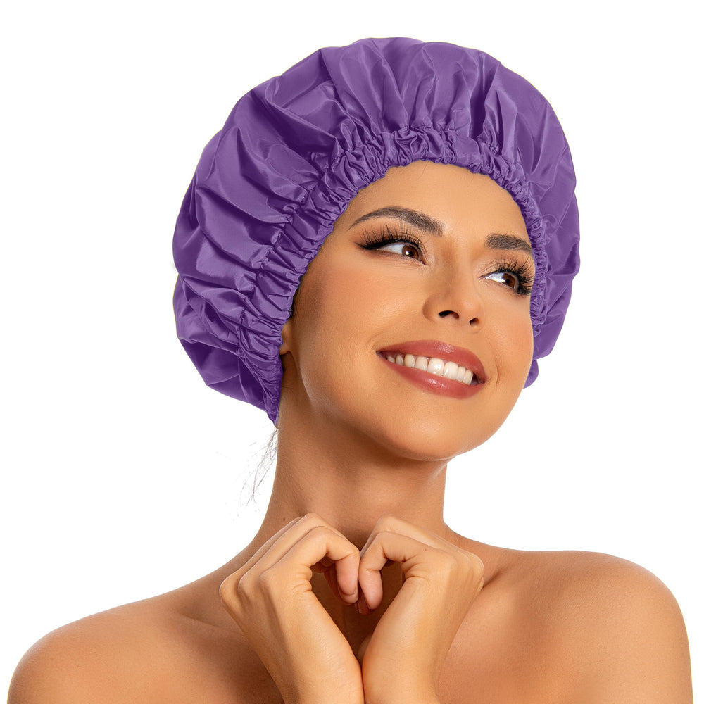 Edoneery reusable shower cap in lavender keeps long hair dry during showers.