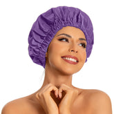 Edoneery reusable shower cap in lavender keeps long hair dry during showers.