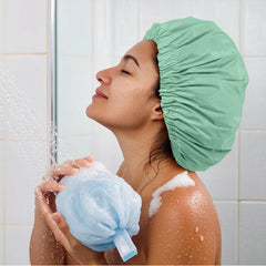 Edoneery shower cap in use during shower for dry hair