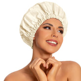 Edoneery champagne shower cap with waterproof material keeps hair dry during showers.