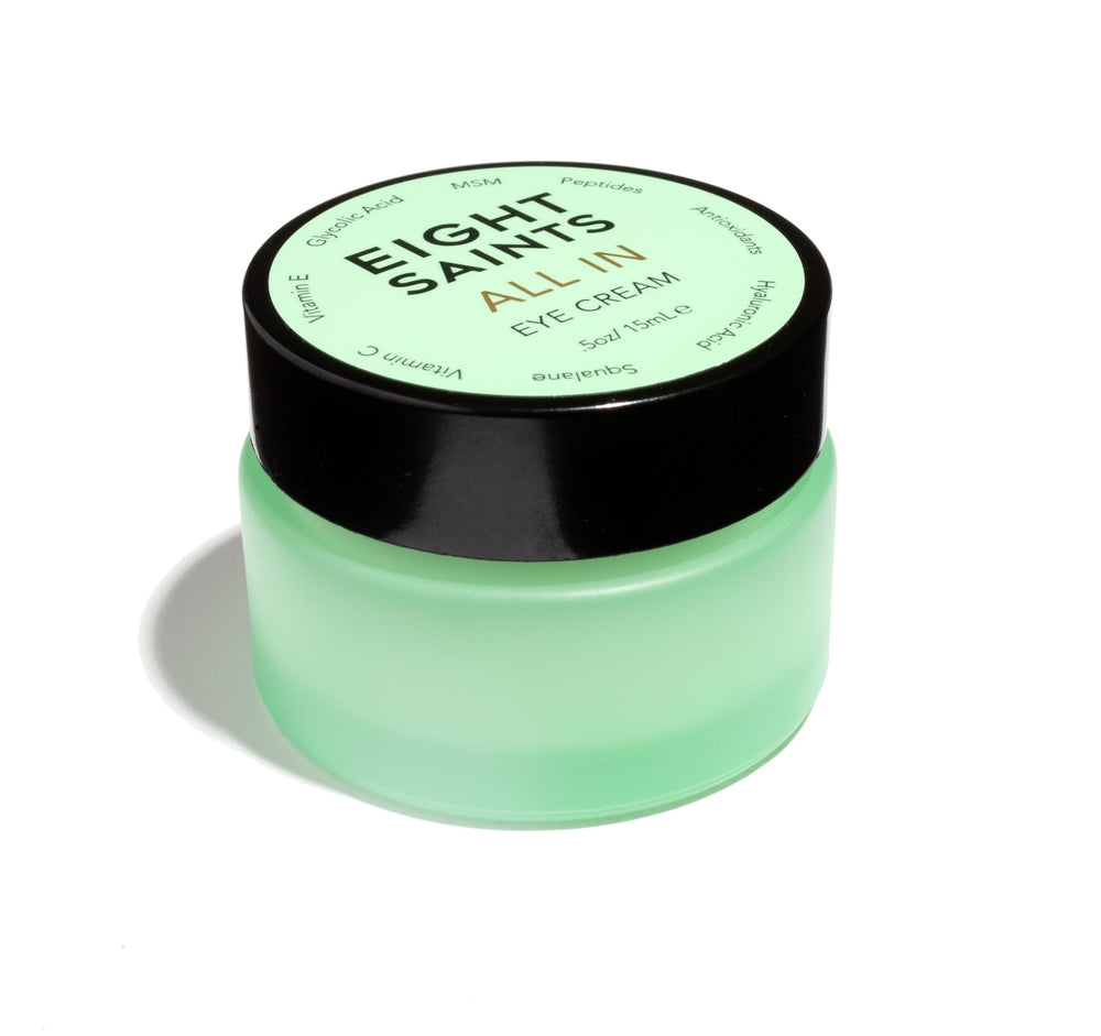 Eight Saints Eye Cream bottle close-up showing lightweight hydration for the eye area.