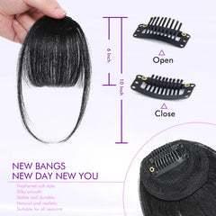 ELEFOCUS clip-in bangs on a model demonstrates instant transformation with wispy fringe.